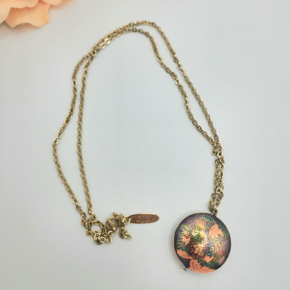 Vintage Signed gold chain circle Colisonne koi fish necklace